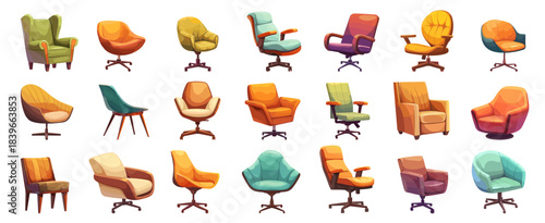 Chair cartoon set. Green orange turquoise yellow office cosmetic home chairs armchair, interior studio wheels upholstered furniture vector illustration