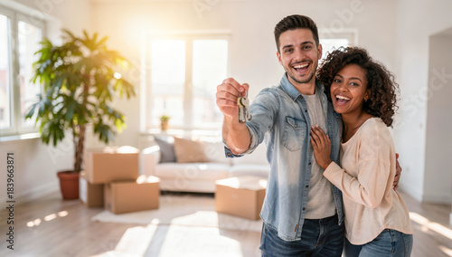 Happy multiracial couple celebrating new home with keys in bright living room filled with sunlight and moving boxes just after a big move