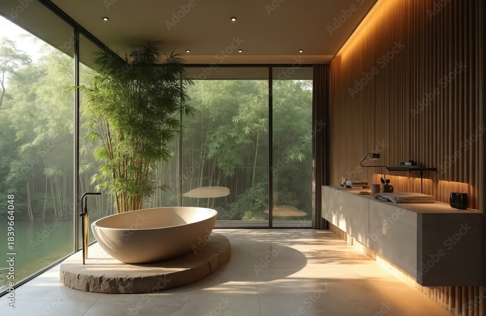 Fototapeta premium Freestanding bathtub by large window offers view of lush bamboo forest and calm water. Modern bathroom interior features minimalist design natural light warm wood accent.
