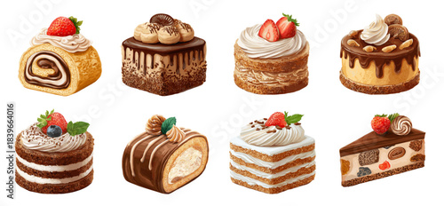 dessert Realistic set. Cake, biscuit layers cake roll chocolate cream strawberry bakery menu pastries sweets calories vector illustration