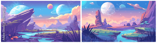 Fantasy planet landscapes cartoon. Fairytale world background set, rock river mushrooms space alien fictional landscape vector illustration