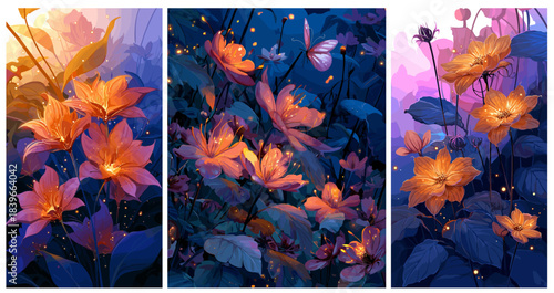 flowers orange background set. Yellow flower in blue grass, butterflies summer fairytale magical enchanting plant flower cover vector illustration