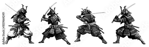 Samurai engraving set. Warrior in armor, Japan sword fight military traditional historical monochrome silhouette drawing character vector illustration
