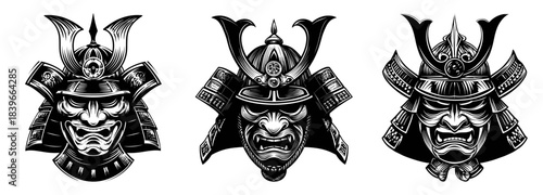 Samurai helmets engraving. Japanese national helmet, traditional medieval military classic history warrior head armor vector illustration