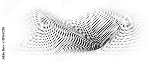 Flowing Wave Dot Halftone Pattern: Curve Gradient Shape on Transparent Background. Suitable for AI, Tech, Network, Digital, Science, and Technology Themes.
