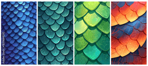 Scales snake cartoon background. Blue green yellow reptile skin pattern, viper lizard fish dragon color set vector illustration