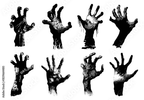 Zombie hands set engraving. Dead hand monochrome drawing, dirty human Halloween coffin undead vector illustration
