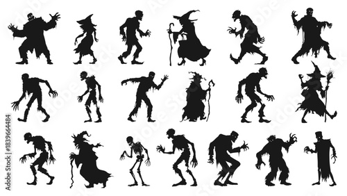 Zombie silhouette set. Monsters monochrome set, Monster witch sorceress skeleton vampire werewolf Halloween dark horror shadow evil fairytale fantasy fictional character vector illustration