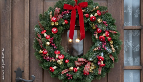 Festive Christmas Wreath Adorning a Wooden Door
