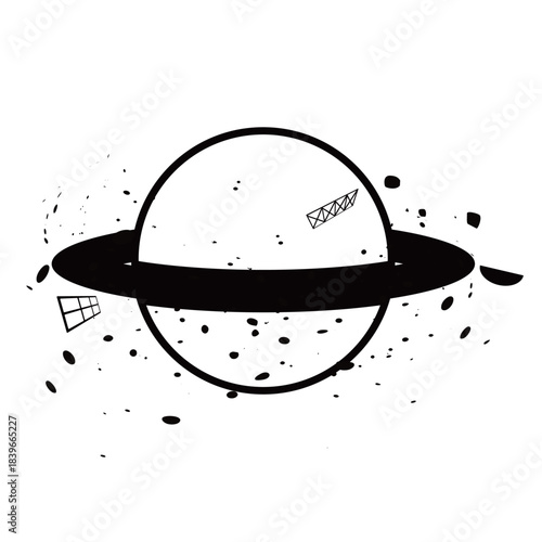 宇宙ゴミの白黒アイコンイラスト　土星の周りに浮かぶゴミや廃棄物