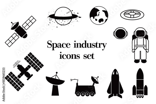 宇宙産業関連の白黒アイコンセット