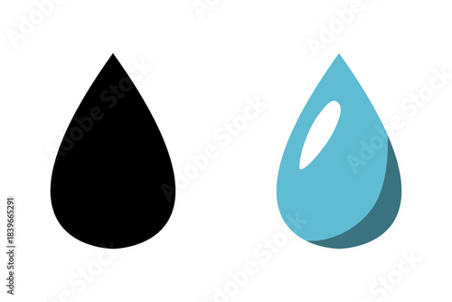 Water Rain Oil or Fluid Drop Droplet Drip Silhouette and Shiny and Shadowed 3D Effect Variation Wet Clean Sign Symbol Icon Set. Vector Image.