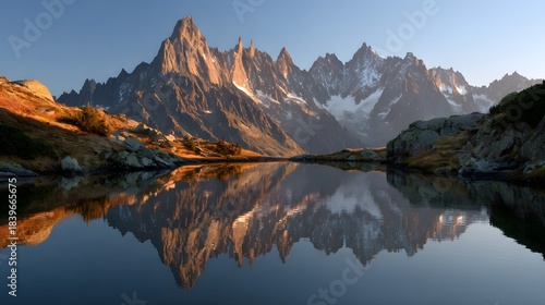 Majestic alpine peaks stand sharply reflected in the calm surface of a high elevation lake during sunrise