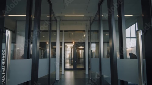 Automatic glass doors opening and closing in a modern office building.