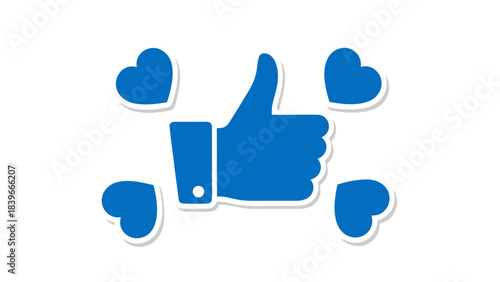 Blue Thumbs Up Icon Surrounded by Hearts Against a Black Background Symbolizing Approval and Positive Feedback