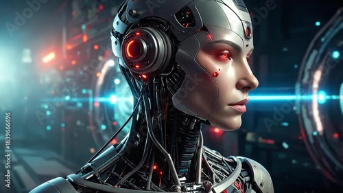 Futuristic Cyborg Portrait with Glowing Red Eyes in Cyberpunk Setting