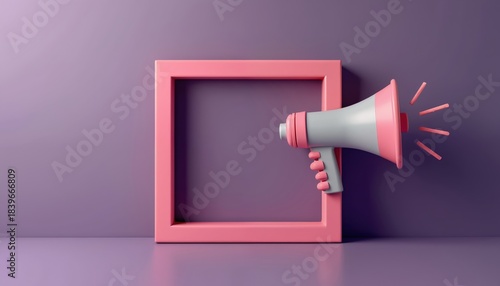 3D render illustration social media frame with megaphone. Pink border and hand-held speaker. Announce message on social network. Marketing concept for promotion campaign. Digital design isolated.