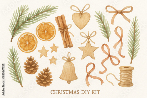 Watercolor Christmas DIY kit with natural festive elements on white background
