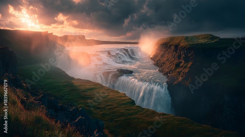 Dramatic light illuminates powerful cascade plunging into a deep gorge during sunset