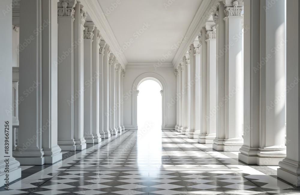 Obraz premium Bright white classical colonnade with checkered floor. Sunlight streams through arched opening creating shadow patterns. Ornate columns form a long corridor leading towards light.