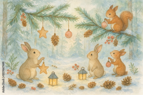 Watercolor snowy forest glade with festive wildlife and handmade Christmas ornaments