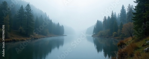Dense fog shrouds Moraine Park, Big Thompson River barely visible , landscape photography, water