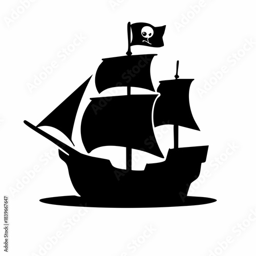 Pirate Ship Silhouette Icon with Jolly Roger Flag