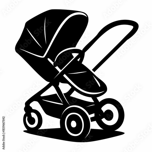 Modern Baby Stroller or Pram Silhouette Icon Design