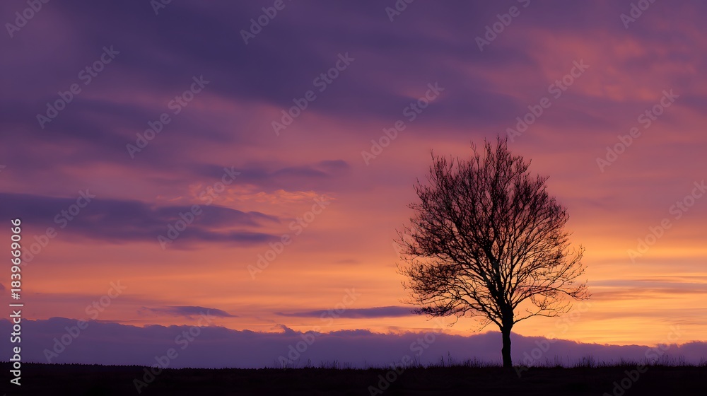 Fototapeta premium Solitary deciduous tree stands silhouetted against a vibrant twilight horizon showcasing intense purple and orange atmospheric colors.