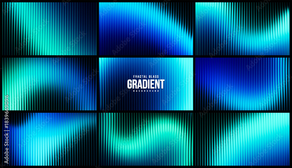 Fototapeta premium Set of futuristic neon fractal glass backgrounds with vibrant blue wavy gradients. Dynamic series of neon blue gradient backgrounds shaped by ribbed fractal glass for digital project and visual design