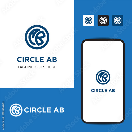 CIRCLE AB INITIAL LOGO TYPE FOR BRAND IDENTITY WITH BLUE COLOR AND APP TEMPLATE