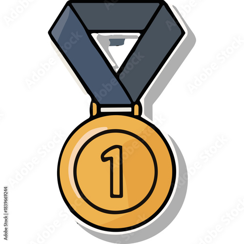 A Single Golden Medal With The Number One Inscribed Awarded For First Place With A Dark Blue Ribbon And A Grey Shadow On A Black Background