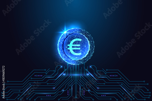 Digital euro coin glowing polygon mesh with futuristic fintech and circuit board design vector