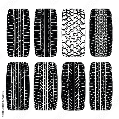 Tire tread patterns showcasing various designs for automotive applications in a stylish layout
