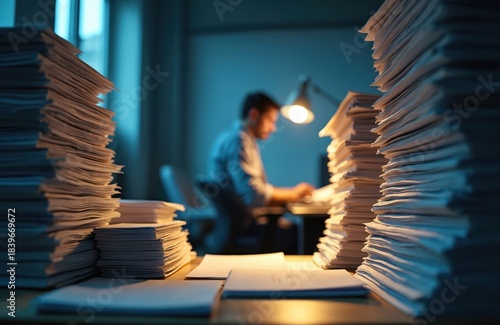 Man working late at night in office. Piles of paperwork surround him. Businessman works overtime at desk with documents under lamp light. Exhausted employee is stressed.