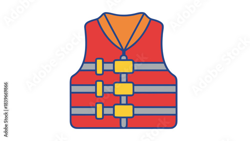 Bright Red and Orange Life Vest with Gray Stripes and Yellow Buckles Floating on a Black Background Safety Equipment for Water Sports and Activities