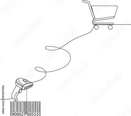 Continuous Line Art Illustration of a Shopping Cart and Barcode Scanner Representing Modern Retail Commerce