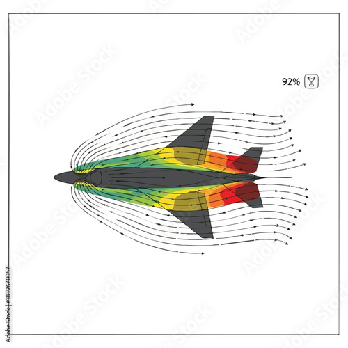 Aerodynamic flow visualization of a jet aircraft showcasing colorful airflow patterns and engineering principles in vector format