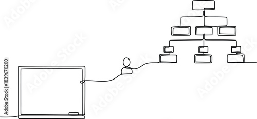 Continuous Single Line Art of a Business Laptop with User Connected to a Hierarchical Diagram