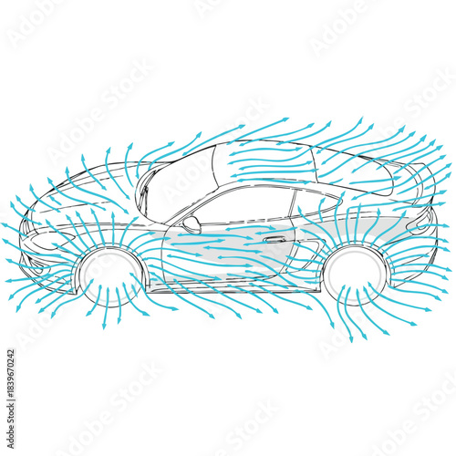 Car aerodynamics illustration showcasing airflow patterns around a vehicle for educational and design purposes