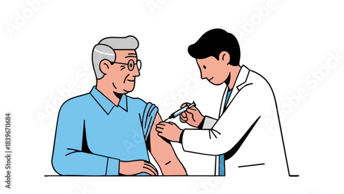 Elderly man receiving flu shot from doctor in healthcare setting  
