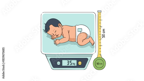 Newborn baby sleeping on scale with measurement and weight display  