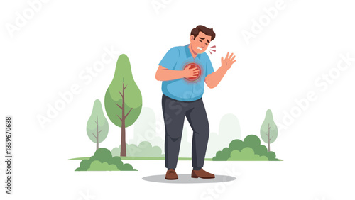 Man experiencing chest pain while standing in a park - Concept of Medicine  