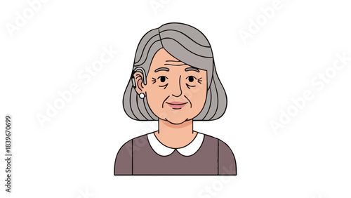 Elderly woman wearing a hearing aid and smiling with gray hair  