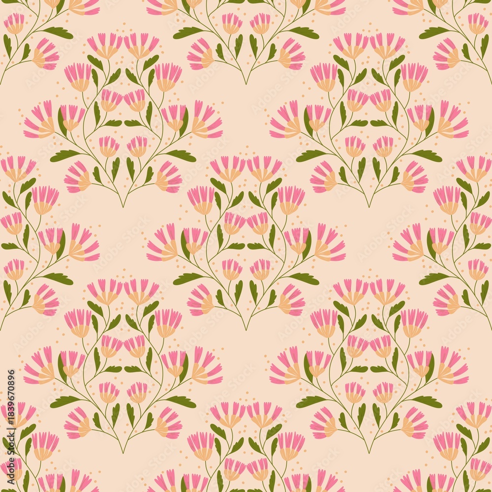 Fototapeta premium Pink Botanical Floral Seamless Repeat Pattern for fabric, textiles, clothing, wrapping paper, cover, banner, home decor, background