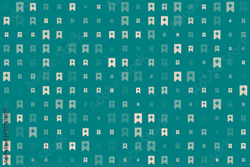 Seamless pattern of medical bookmark icons with plus signs on a teal background, representing health, care, and positive well-being.