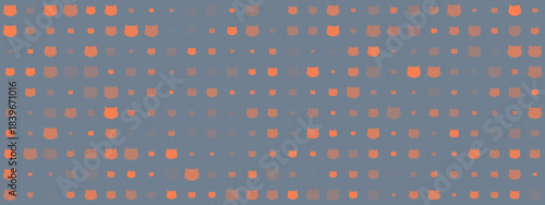 Abstract seamless pattern of cute orange cat head shapes on a muted blue-grey background, perfect for textile or digital design.