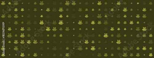 Elegant Seamless Pattern of Golden Bells with Bows on a Dark Olive Green Background for Holiday Designs