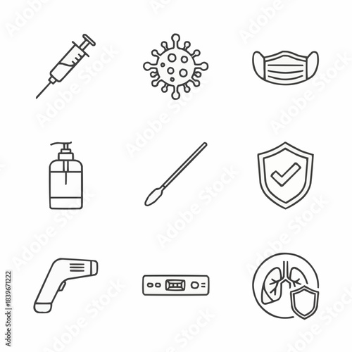 Collection of medical icons representing virus protection and healthcare during a pandemic
