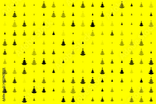 Seamless repeating pattern of minimalist Christmas trees in varying shades of green and brown on a vibrant yellow background, perfect for holiday designs.
